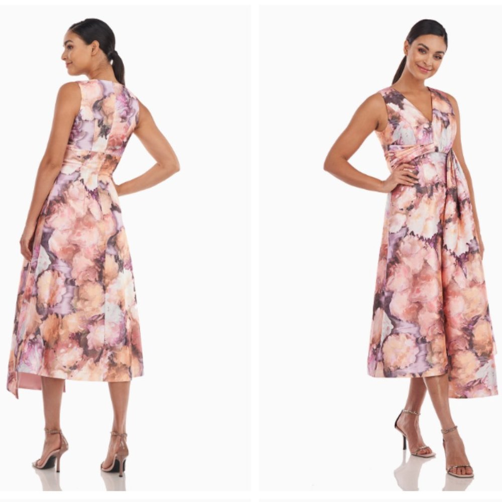 KAY UNGER LANI FLORAL PRINT METALLIC ORGANZA PINK MULTI MIDI DRESS sz 6